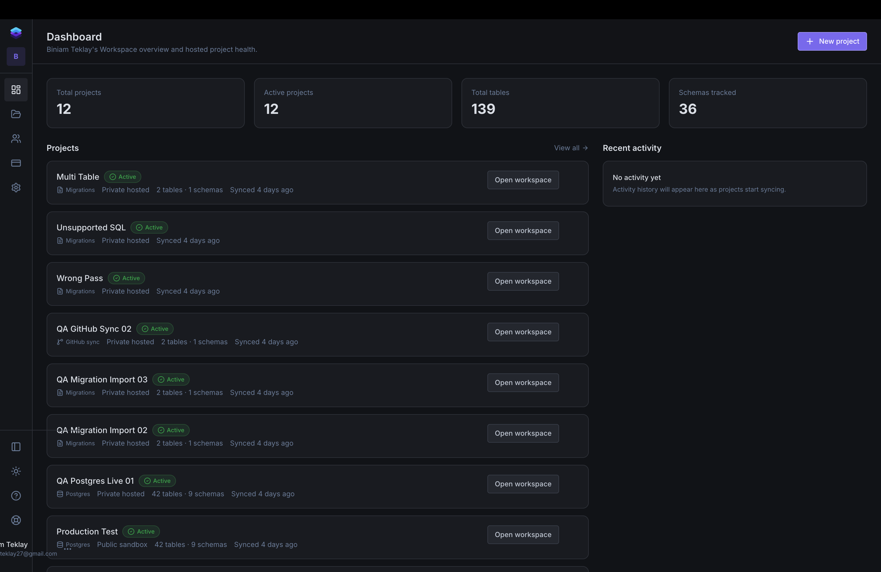 SchemaLens dashboard showing hosted projects, totals, and recent activity.